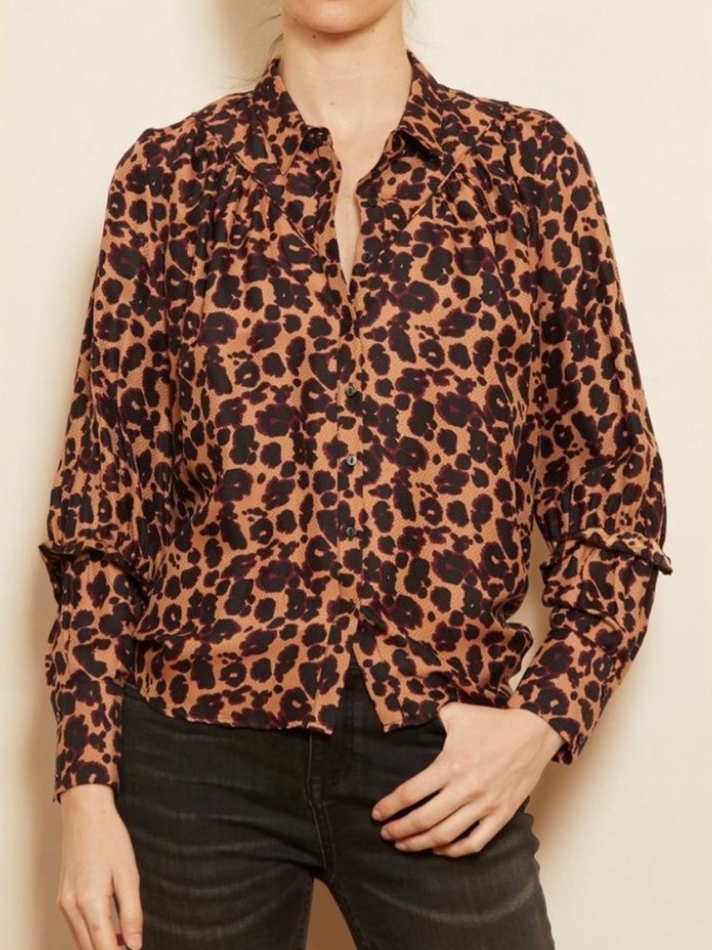 Ba&sh Tim Burgundy, Brown, and Black Leopard Print Blouse